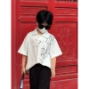 New Chinese-style summer shirt set for boys, bamboo print short-sleeved loose casual top, trendy two-piece set Specification image